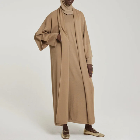 SIPO Custom Premium Winter Plain Maxi Knitted Open Abaya Women Muslim Dress Set Winter