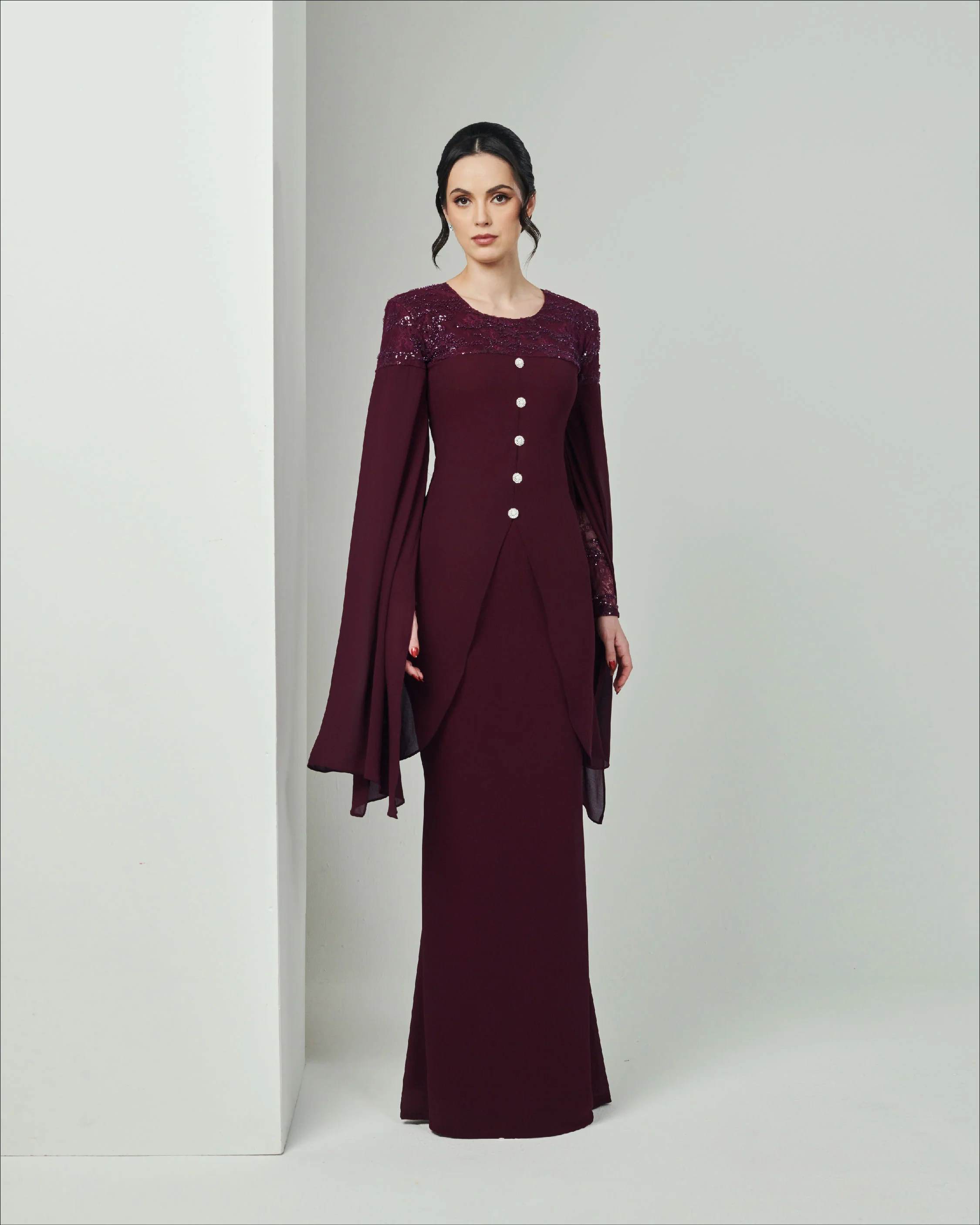 SIPO TIMELESS RAYA 2024 CHIFFON SEQUIN LACE BAJU KURUNG-WINE