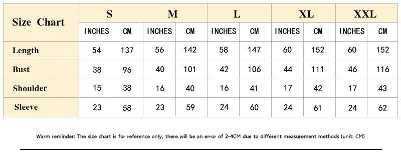 Warm reminder The size chart is for reference only, there will be an error of 2-4CM due to different measurement methods (unit CM)