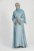 SIPO Eid Arabic Women Long Robe Premium Deep Ice Blue Feather Cuff Closed Muslim Abaya Dresses