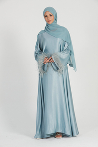 SIPO Eid Arabic Women Long Robe Premium Deep Ice Blue Feather Cuff Closed Muslim Abaya Dresses