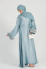 SIPO Eid Arabic Women Long Robe Premium Deep Ice Blue Feather Cuff Closed Muslim Abaya Dresses
