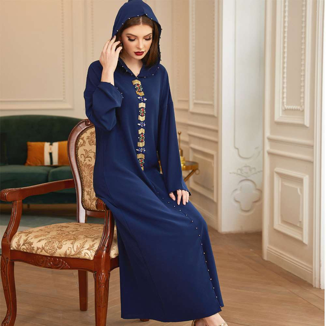 Navy Blue Gold Tube Moroccan Style Middle Eastern Hand-sewn Diamond Robe Abaya Muslim Women's Clothing