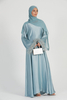 SIPO Eid Arabic Women Long Robe Premium Deep Ice Blue Feather Cuff Closed Muslim Abaya Dresses