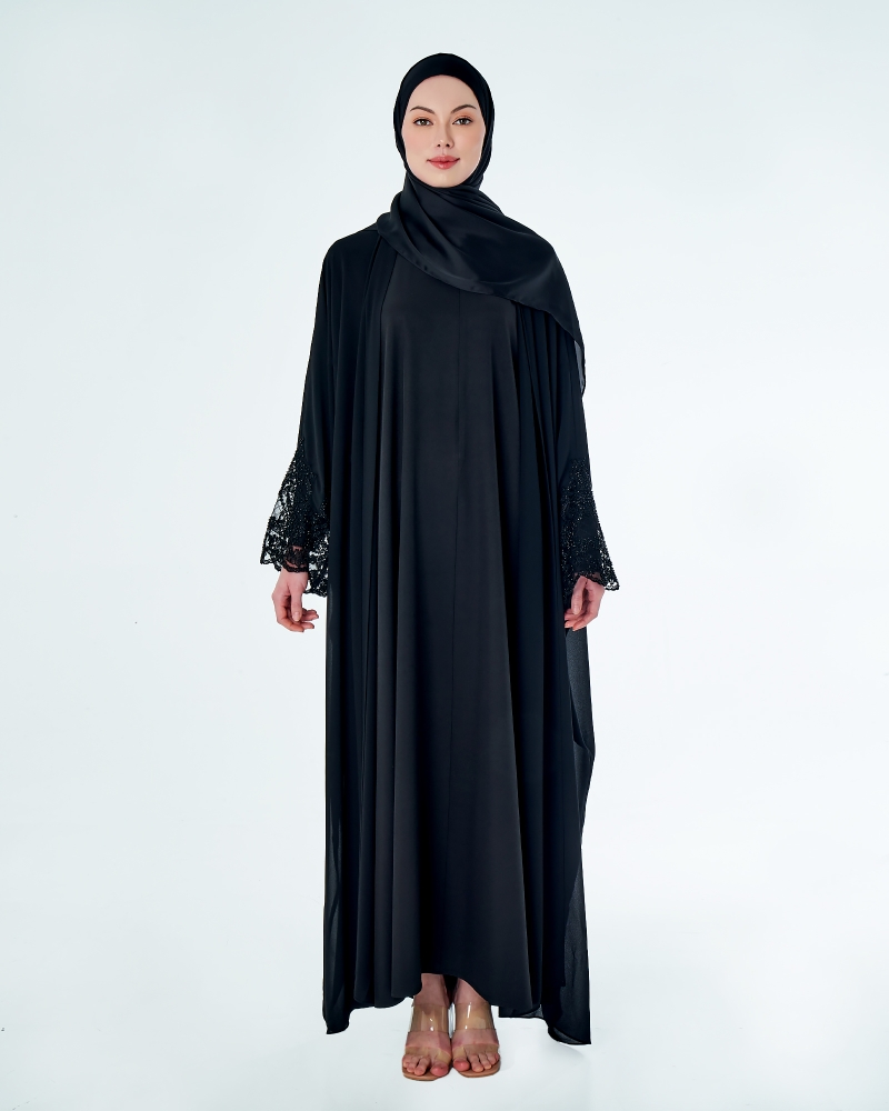 SIPO EID CLOTHING FACTORY TWO PIECE LACE ABAYA - BLACK