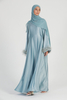 SIPO Eid Arabic Women Long Robe Premium Deep Ice Blue Feather Cuff Closed Muslim Abaya Dresses