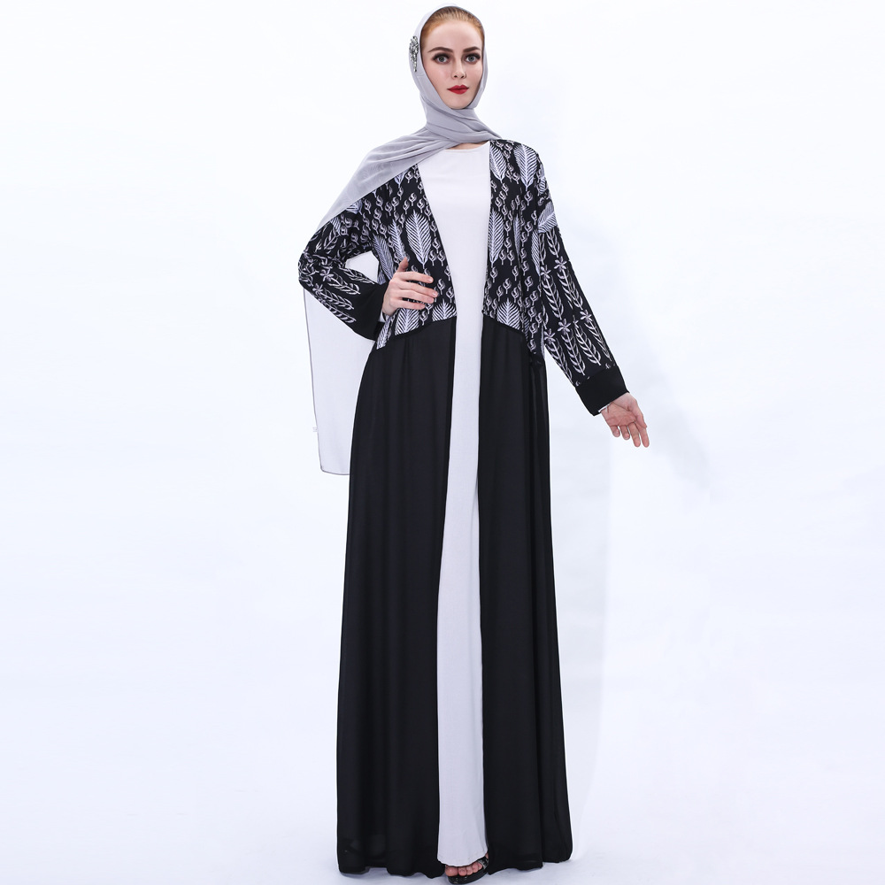 Summer New Leaf Print with Elegant Kimono Cross-border Muslim Women's Chiffon Stitching Cardigan