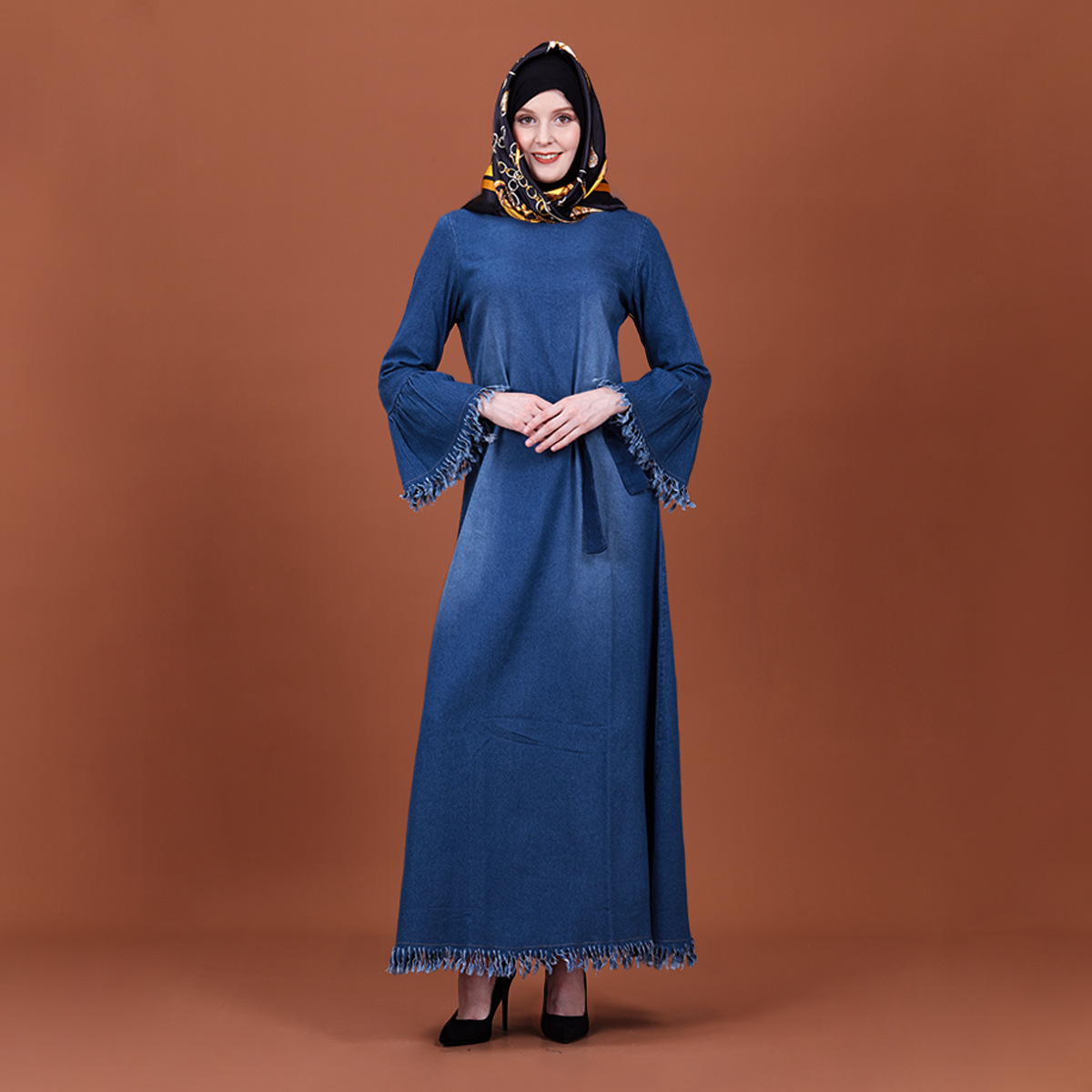 2022 Muslim Summer New Loose Butterfly Long-sleeved Embroidered Denim Dress Muslim Robe