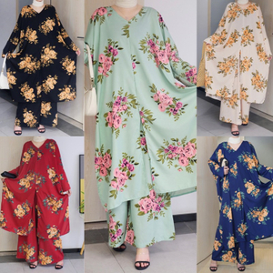  Burka Two Piece Women Dubai Thobe Pants Islamic Clothing 2pieces Prayer Maxi Suit Solid Color 2022 Modest Kurti Top Muslim Blouse Set