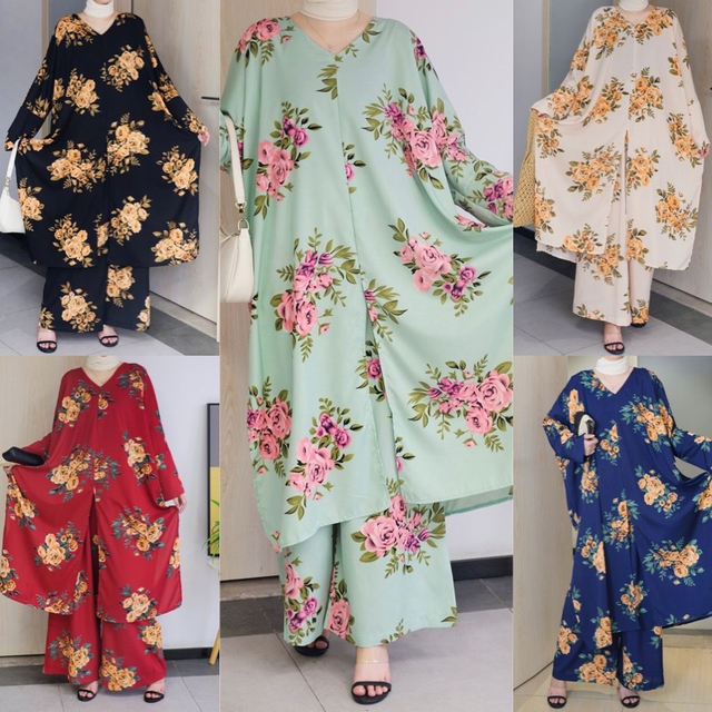  Burka Two Piece Women Dubai Thobe Pants Islamic Clothing 2pieces Prayer Maxi Suit Solid Color 2022 Modest Kurti Top Muslim Blouse Set