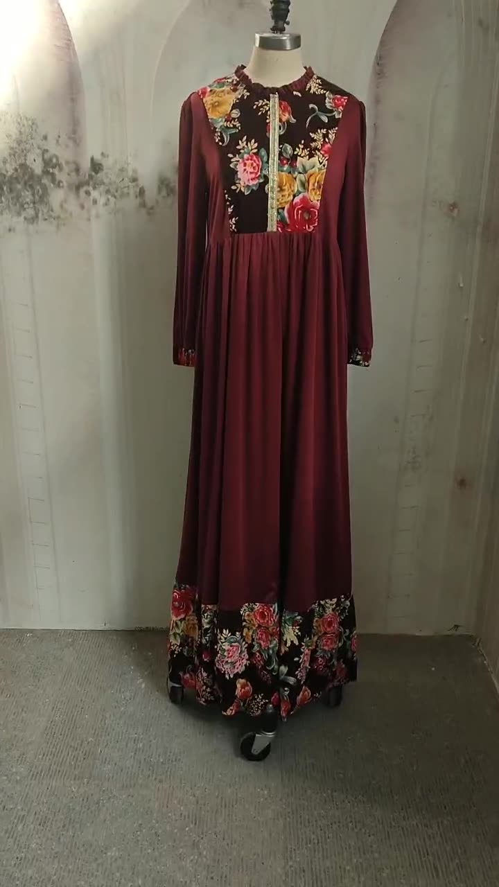 2022 Muslim Spring Elegant Elastic Cotton Arab Malaysian Soft Print Long Sleeve Round Neck Middle East Dress