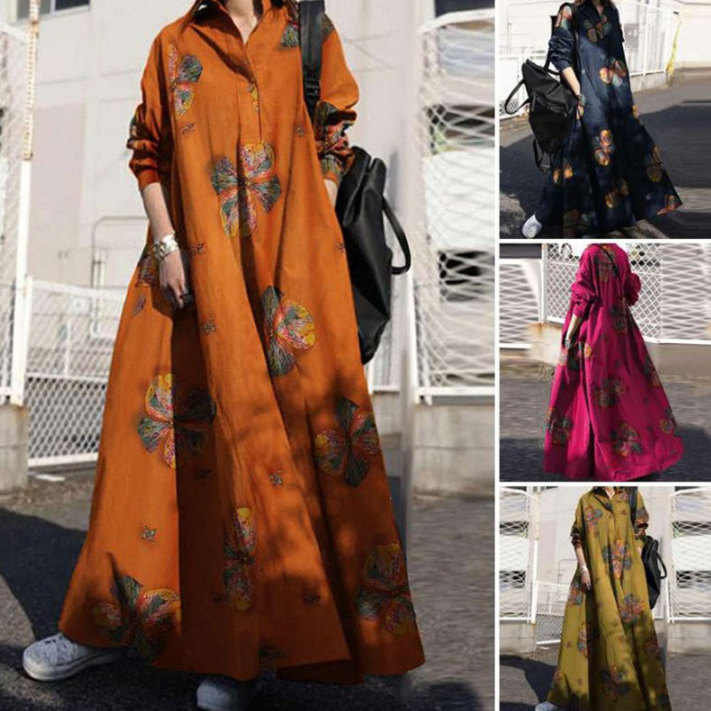 2022 Muslim Amazon Autumn Printed Cotton Linen Retro Ethnic Style Loose Long Sleeve Large Swing Dress