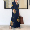 2022 Muslim Plus Size Women's Cotton And Linen Printing Lapel Long-sleeved Pockets Simple Loose Literary Leisure Long Shirt Dress