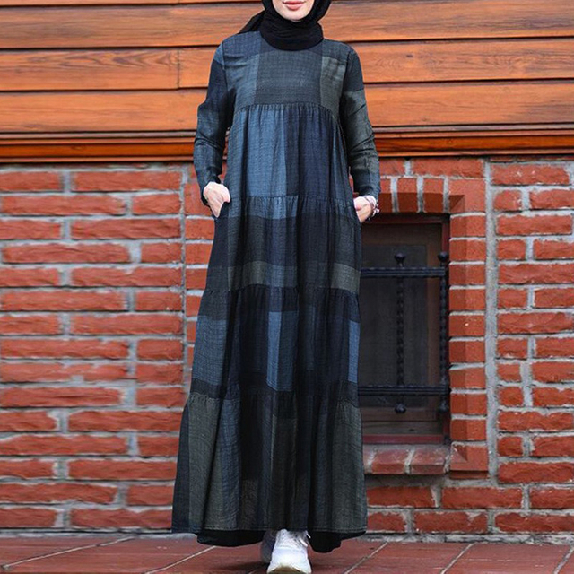 2022 Muslim New Style Cotton And Linen Printed Linen Ethnic Style Literary And Artistic Big Swing Long Pullover Dress
