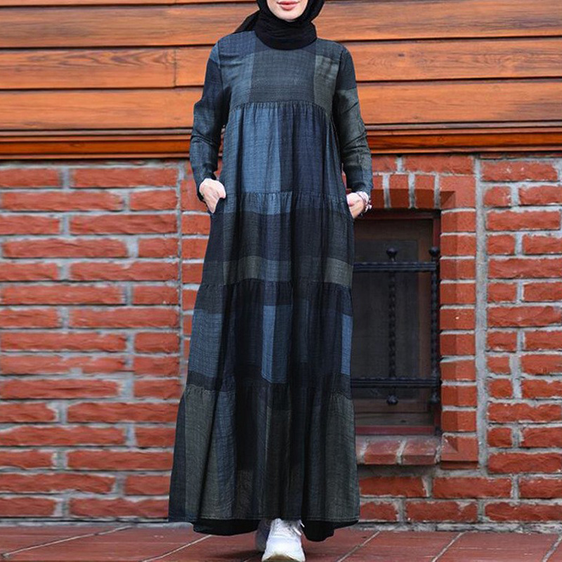 2022 Muslim New Style Cotton And Linen Printed Linen Ethnic Style Literary And Artistic Big Swing Long Pullover Dress
