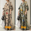 2022 New Style Cotton And Linen Printing V-neck Simple Loose Casual Long Large Size Dress Long Skirt Women's Clothing