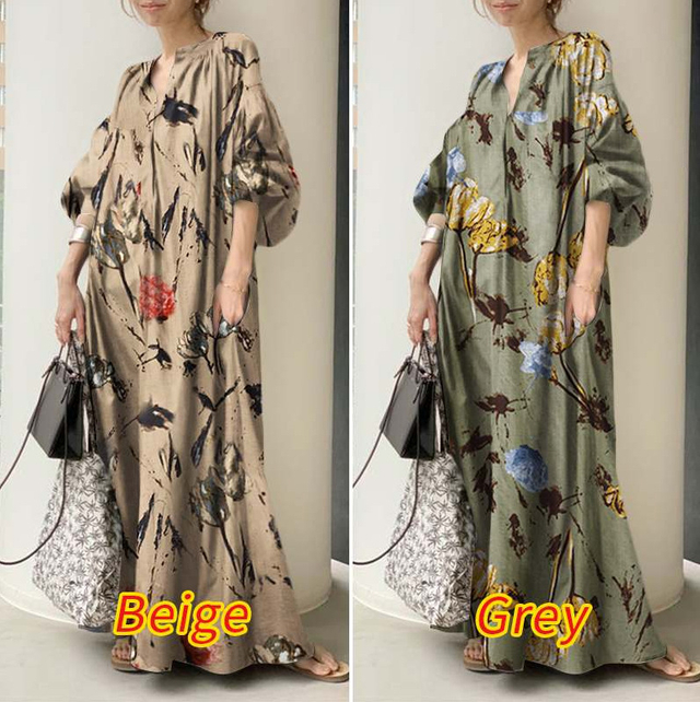 2022 New Style Cotton And Linen Printing V-neck Simple Loose Casual Long Large Size Dress Long Skirt Women's Clothing