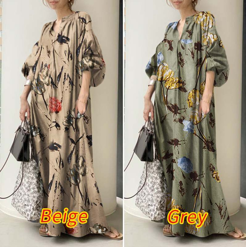 2022 New Style Cotton And Linen Printing V-neck Simple Loose Casual Long Large Size Dress Long Skirt Women's Clothing