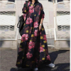 2022 Spring And Autumn Fashion Plus Size Women's Cotton Linen Printed Retro Big Swing Stand Collar Loose Dress Muslim Clothes