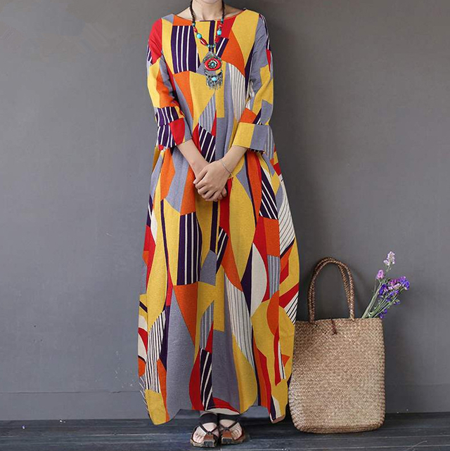 2022 Muslim Cotton And Linen Printed National Wind Retro Hedging Loose Round Neck Long Irregular Dress