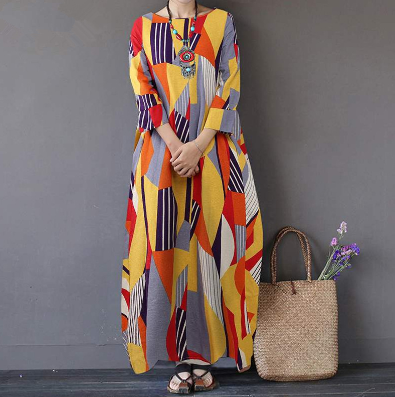 2022 Muslim Cotton And Linen Printed National Wind Retro Hedging Loose Round Neck Long Irregular Dress