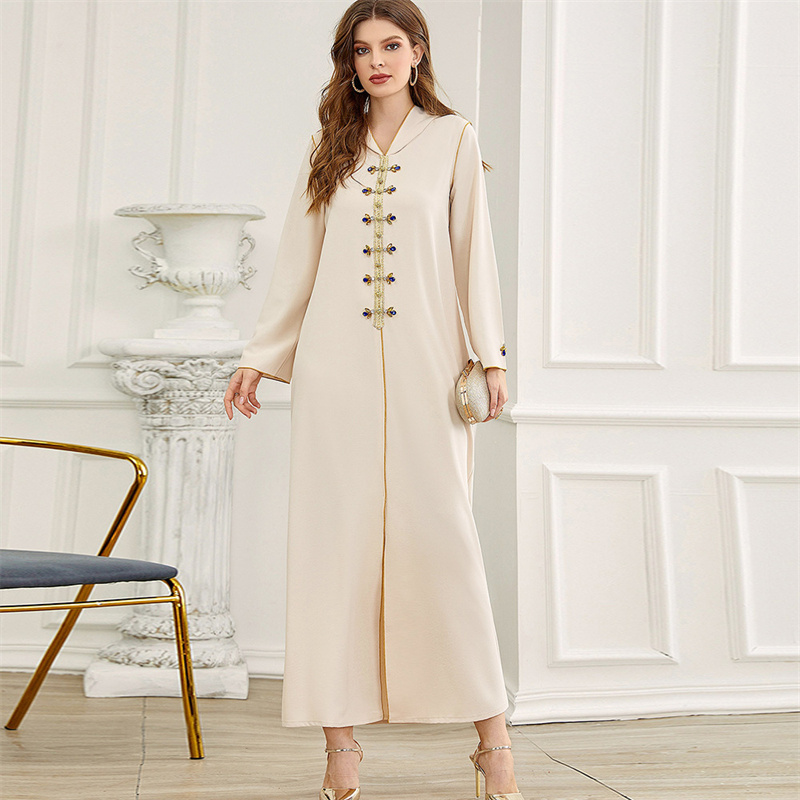SIPO New Apricot Gold Edge Hand Sewn Diamond Elegant Muslim Long Dress Robe Fully Customizable Hoodies Traditional Muslim Maxi