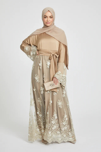 SIPO Luxury Royal Satin Closed Abaya Champagne Gold Intricate Lace with Diamante And Embellishments