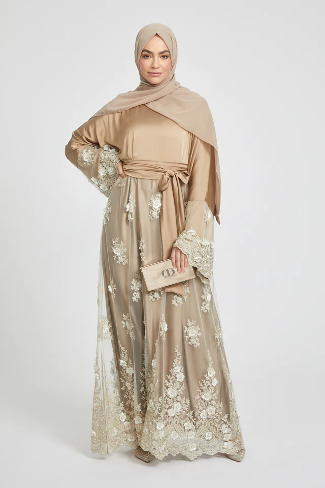 SIPO Luxury Royal Satin Closed Abaya Champagne Gold Intricate Lace with Diamante And Embellishments