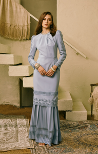 SIPO Popular Round Neckline Lace Sleeves Puff Shouldered Long Malaysia Baju Kurung with Pleated Skirt for Muslim Women