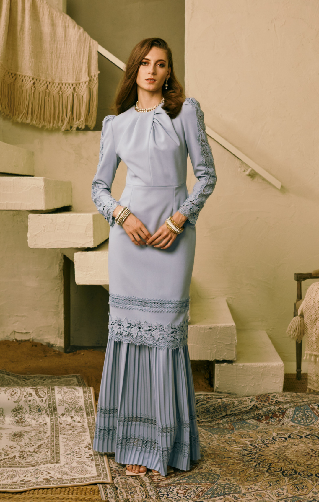 SIPO Popular Round Neckline Lace Sleeves Puff Shouldered Long Malaysia Baju Kurung with Pleated Skirt for Muslim Women