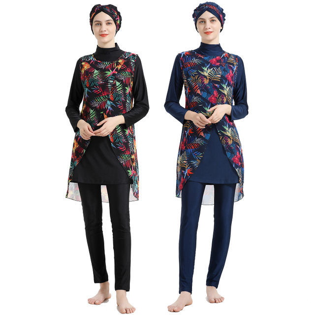 SIPO Four Pieces Muslim High Neck Burkini With Swimming Cap Leaf Print