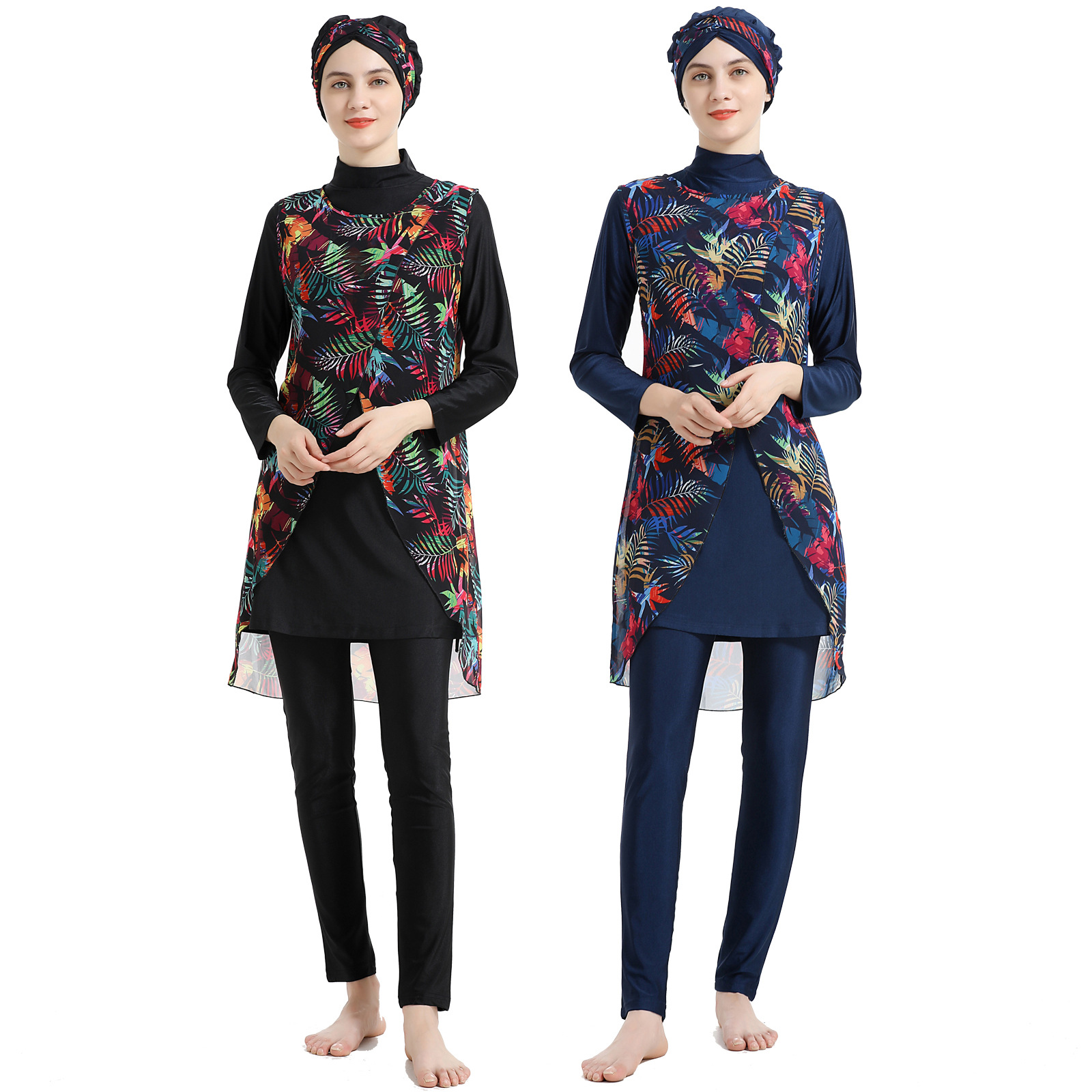 SIPO Four Pieces Muslim High Neck Burkini With Swimming Cap Leaf Print