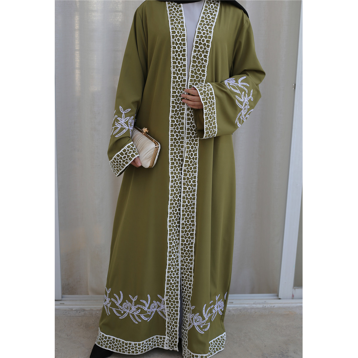 Eid Al-Fitr Middle East Islamic Dubai Stitching Lace Embroidery Cardigan Muslim Open Abaya (10)
