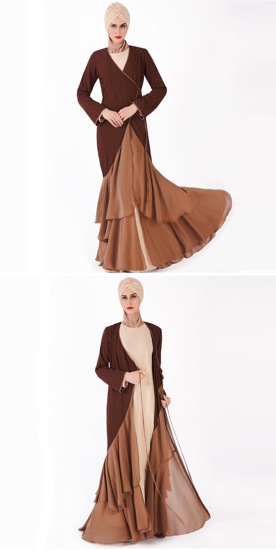 Cotton Long Sleeve Maxi Muslim Clothing Dress Abaya with Pearl Chiffon Fabric (2)