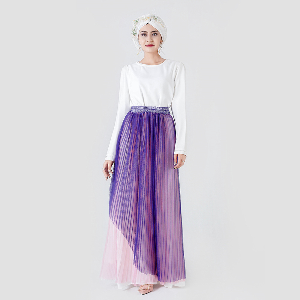 Two-Piece Double-Decker Pleated Colorful Elastic Waist Muslim Maxi Dresses Islamic Clothing (6)
