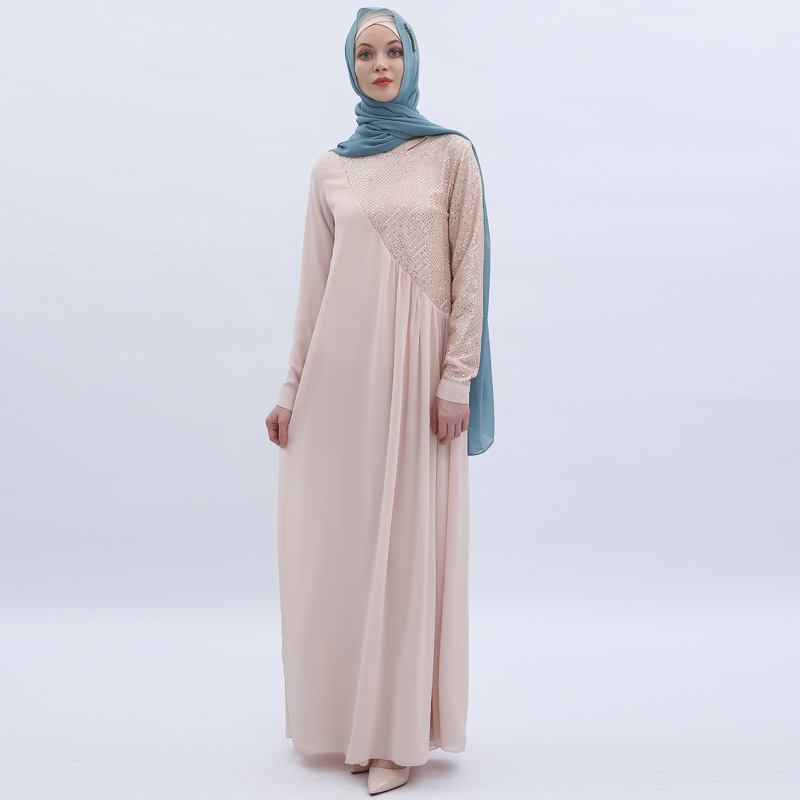 Sequined Chiffon Middle East Muslim Diagonal Long Sleeve Dress Muslim Dress (8)
