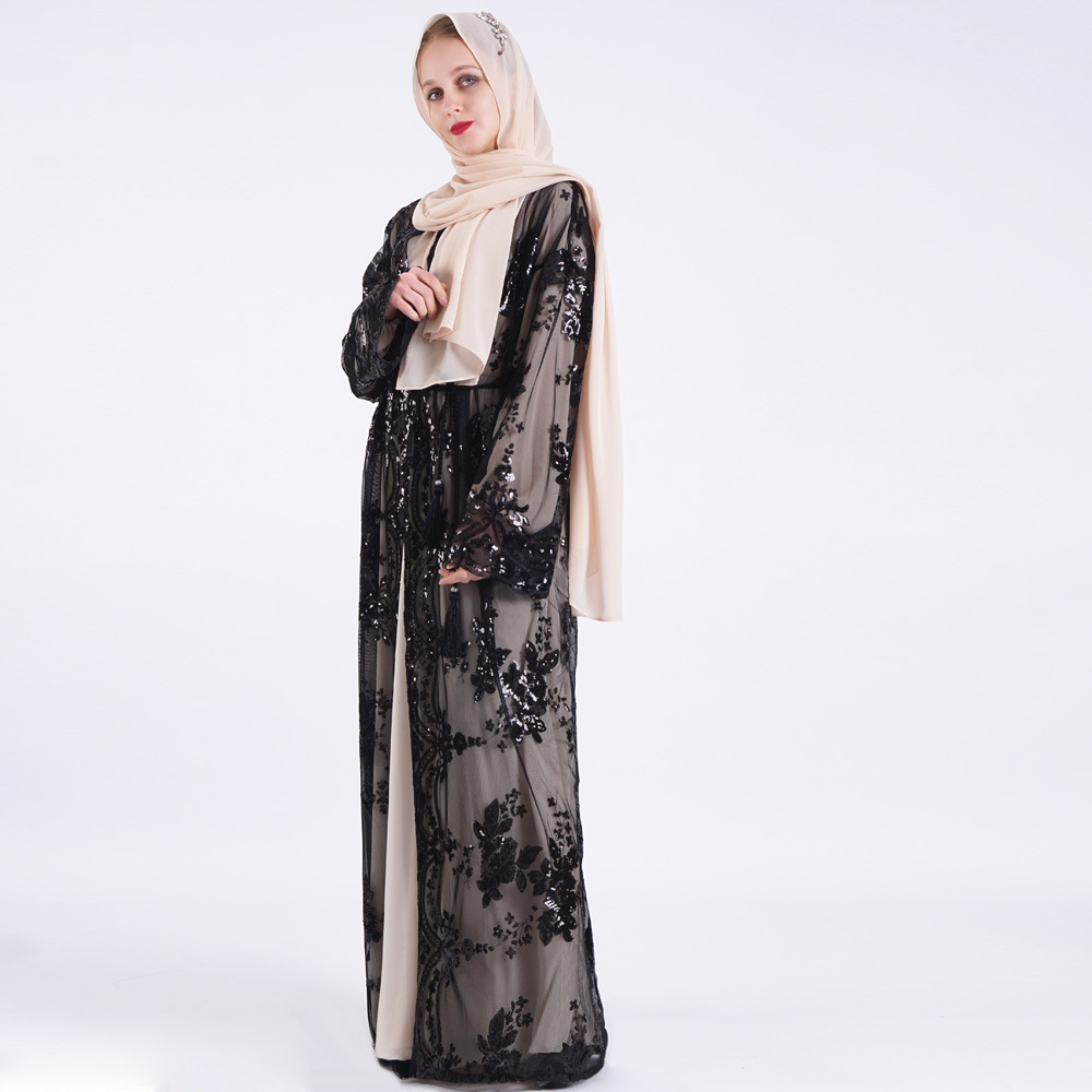 Floral Sequined Round Neck Kimono Muslim Dubai Maxi Robes Dresses Front Open Abaya (12)
