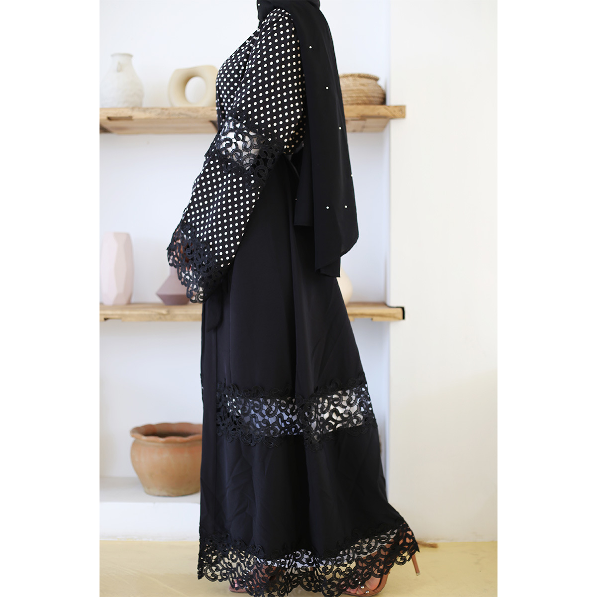 New Fashion Black Lace Stitching Polka Dot Turkish Islamic Cardigan Muslim Open Abaya (8)