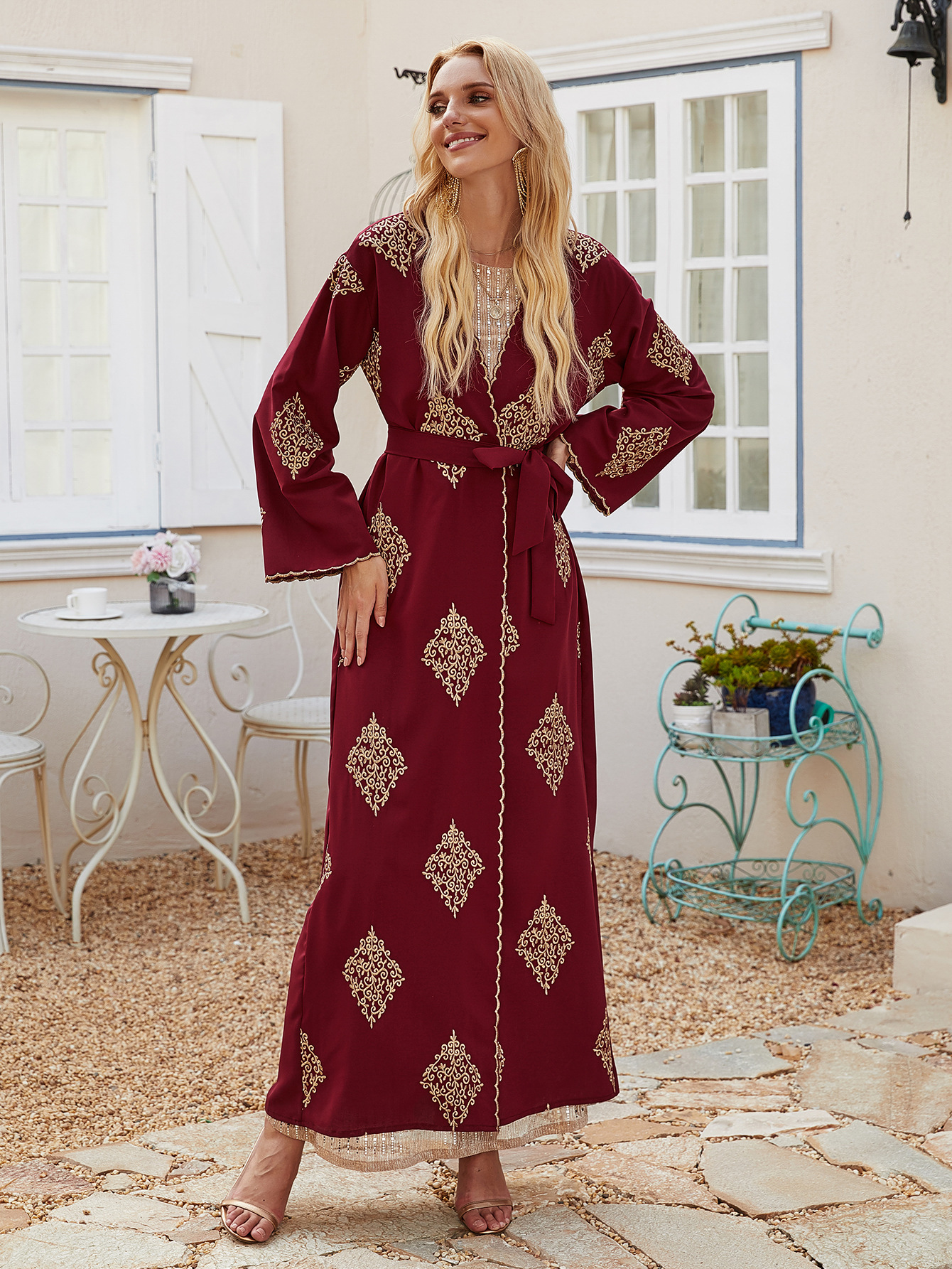 Embroidery Flower Muslim Islamic Clothing Kimono Cardigan Front Open Abaya (3)