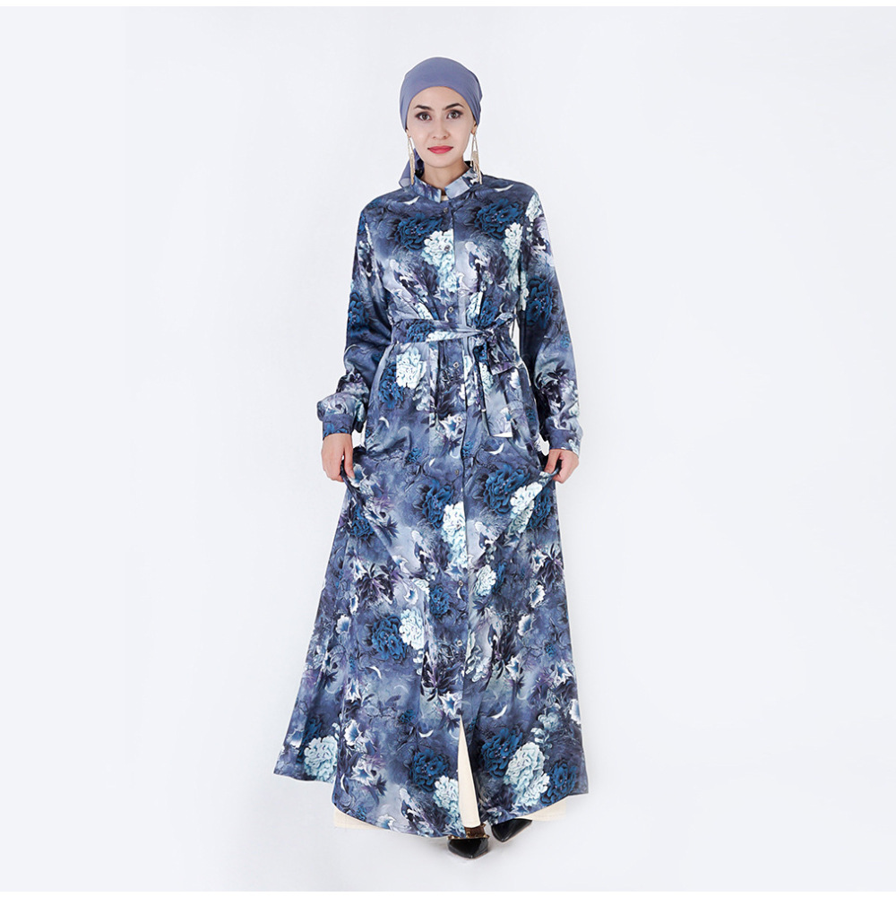 Splash Stand Collar Floral Dubai Abaya Islamic Clothing Muslim Dress With Belt