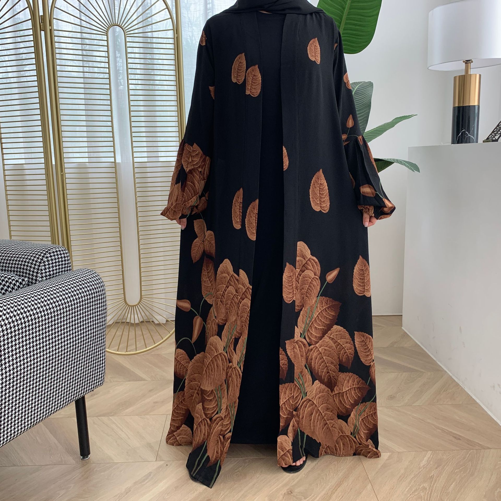 Middle Eastern Arab Print Lantern Sleeve Cardigan Muslim Modest Open Abaya (12)
