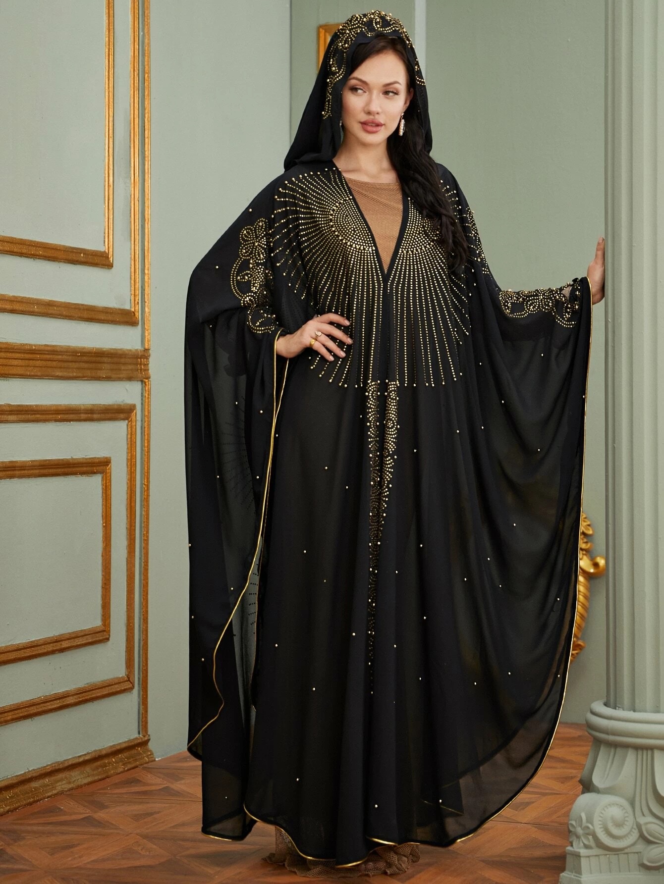 Ramadan Muslim Islamic Bat Sleeve Hot Drilling Maxi Dress Muslim Open Abaya