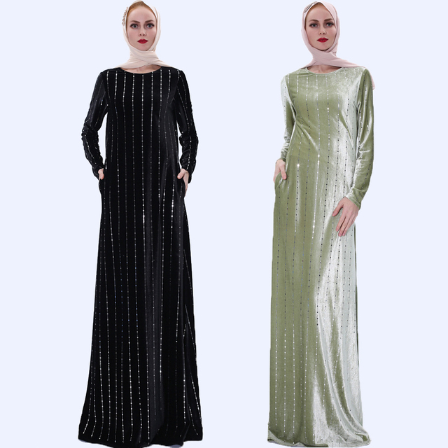 Golden Velvet Vertical Sequins Muslim Islamic Abaya Maxi Dress