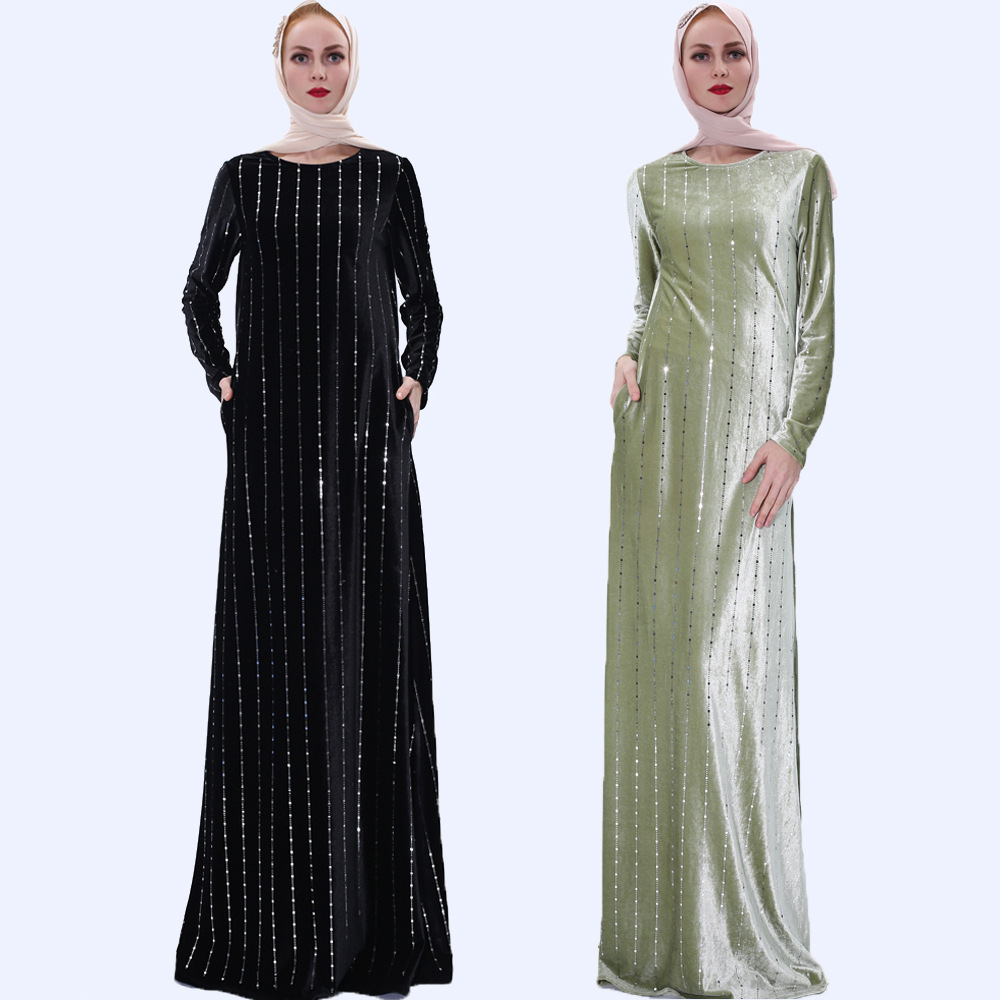 Golden Velvet Vertical Sequins Muslim Islamic Abaya Maxi Dress