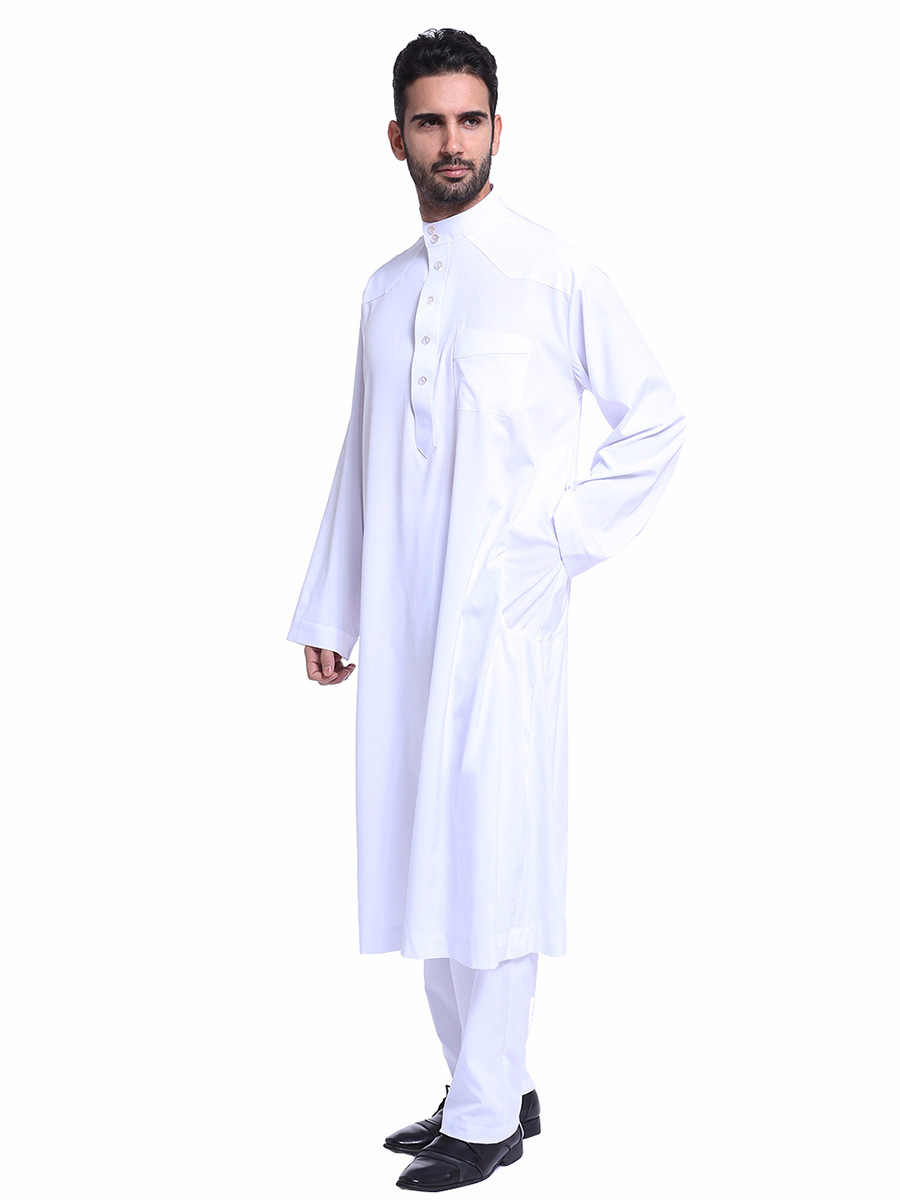 Traditional Adults Jubba Embroidery Breathable Solid Islamic Clothing Robe Muslim Men Thobes