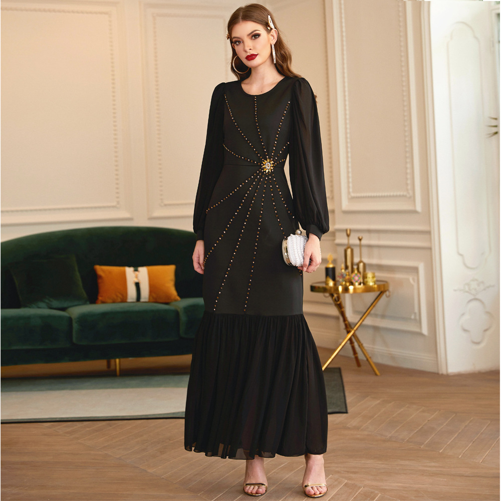 Ruffle Latern Sleeve Beading Modest Muslim Maxi Dress Abaya