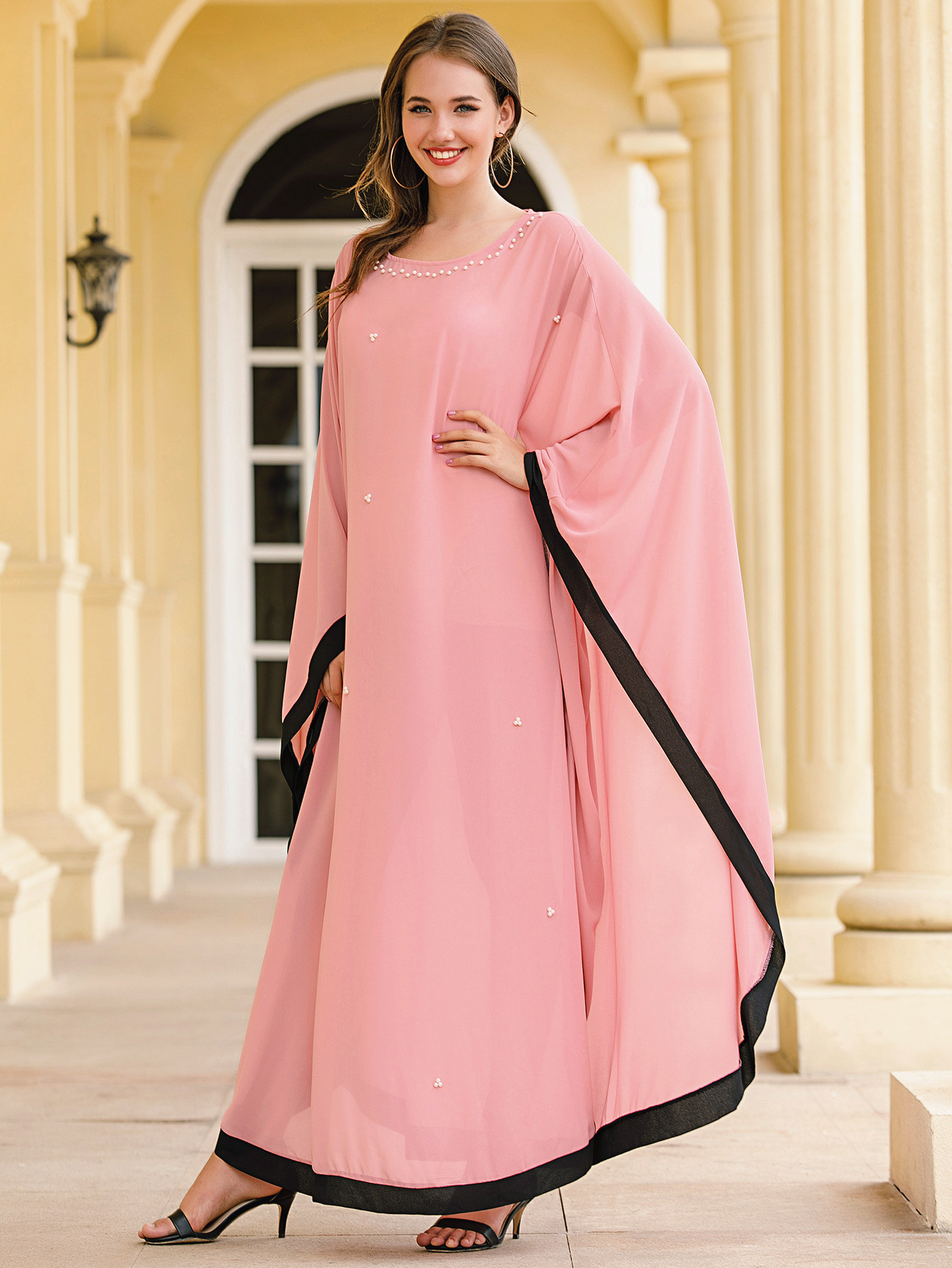 Mesh Beading Contrast Color Muslim Islamic Gown Maxi Dress Abaya (7)