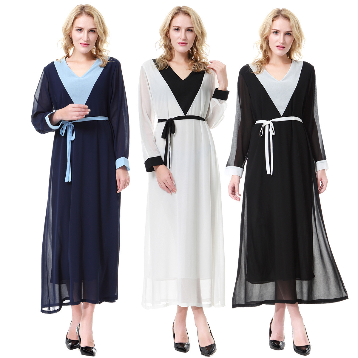 Burkha V-Neck Breathable Long Sleeve Color Stitching Muslim Islamic Clothing Dress Women Abaya