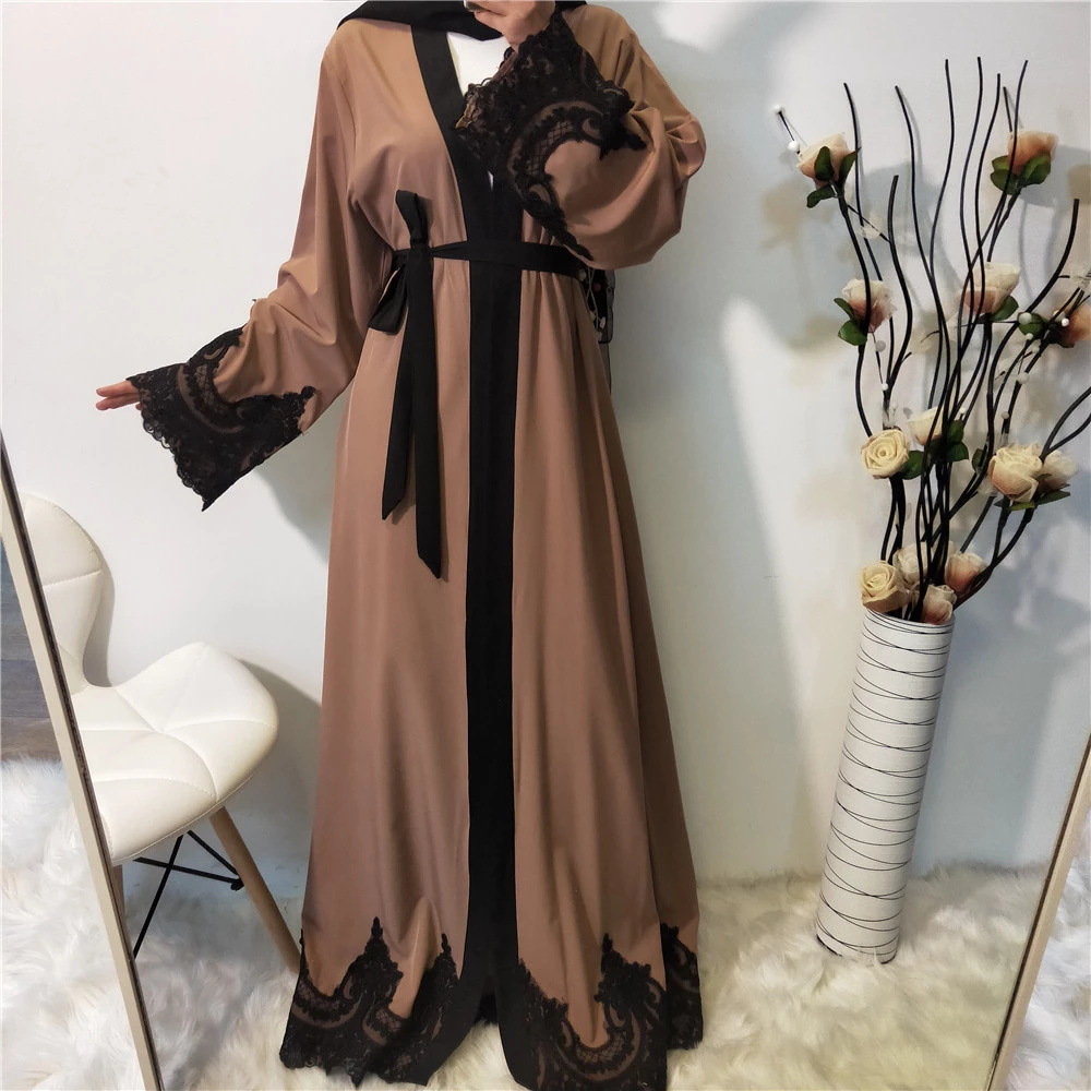 2022 Middle Eastern Muslim Fashion Women's Lace Stitching Lace-up Ramadan Cardigan Robe