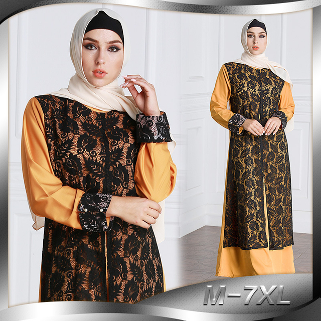 New Style Dresses Women's Fashion Fake Two Pieces of Lace Temperament Women's Clothing Arabian Women's Dress Robe